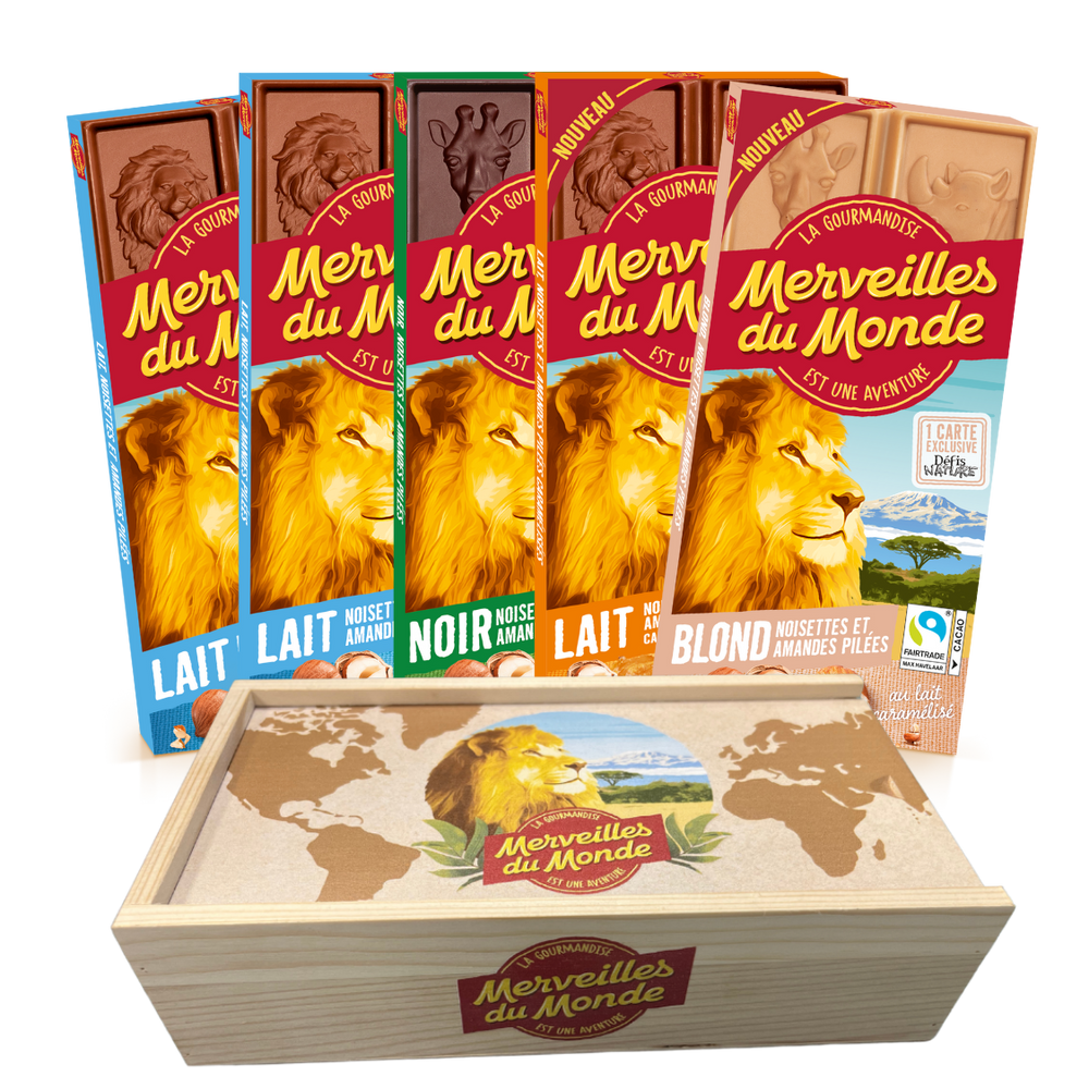 Coffret Pack collectionneur de cartes animaux avec tablettes de chocolat Merveilles du Monde