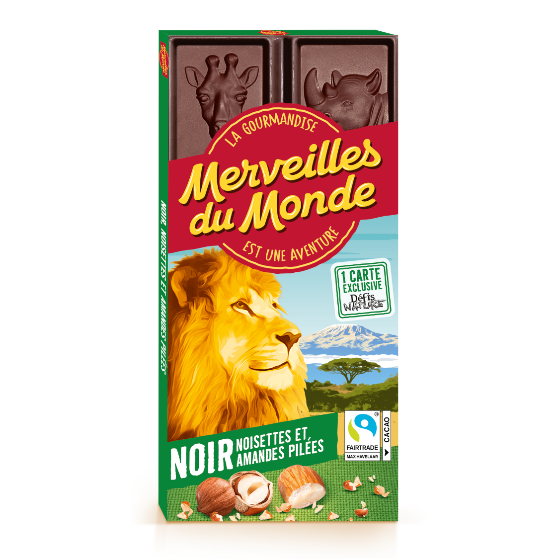 Tablette Merveilles du Monde, de chocolat, amandes et noisettes pilées.