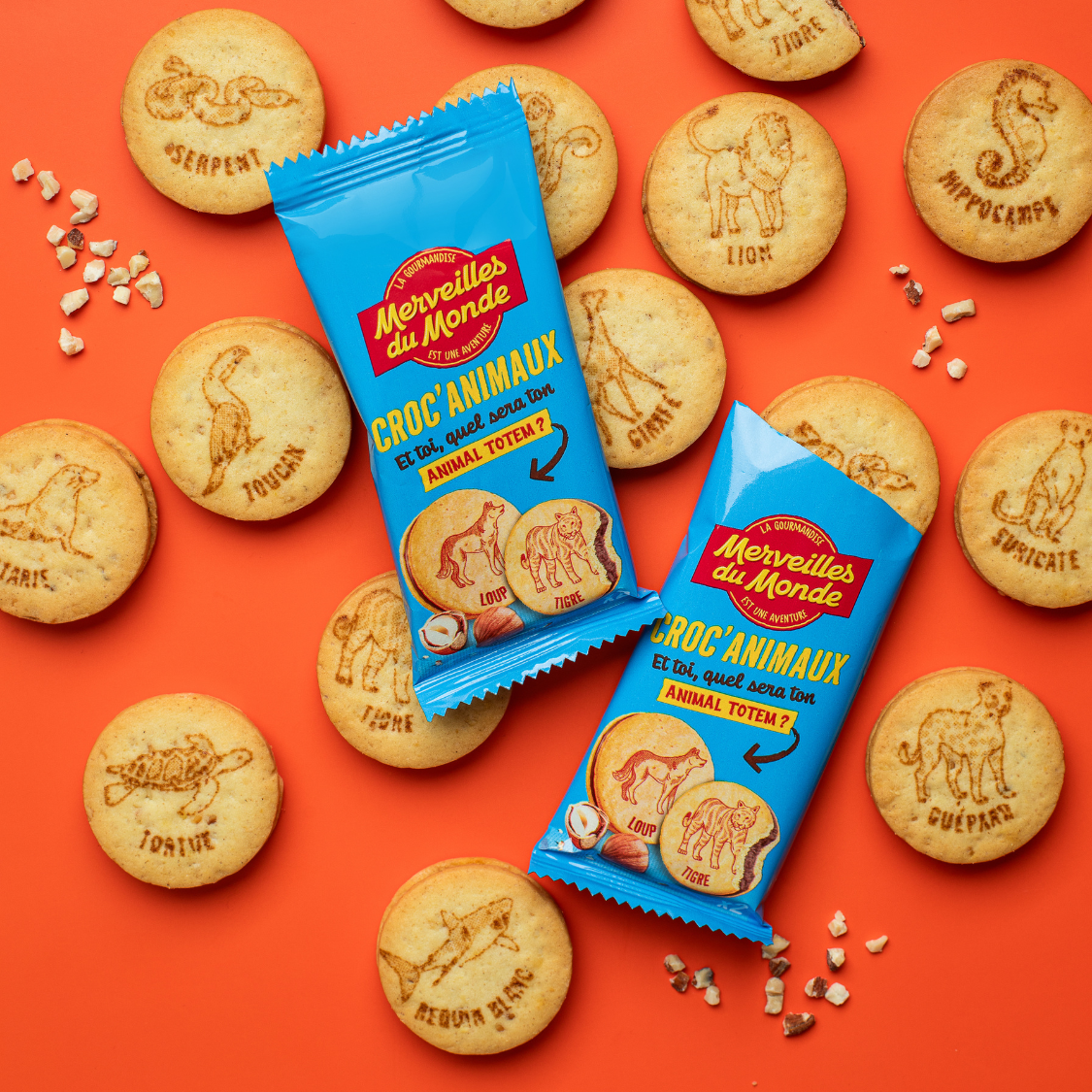 
                  
                    De délicieux biscuits Croc’Animaux fourrés au goût chocolat, noisette et amande, décorés d’une variété d’animaux totems à découvrir dans des sachets individuels.
                  
                