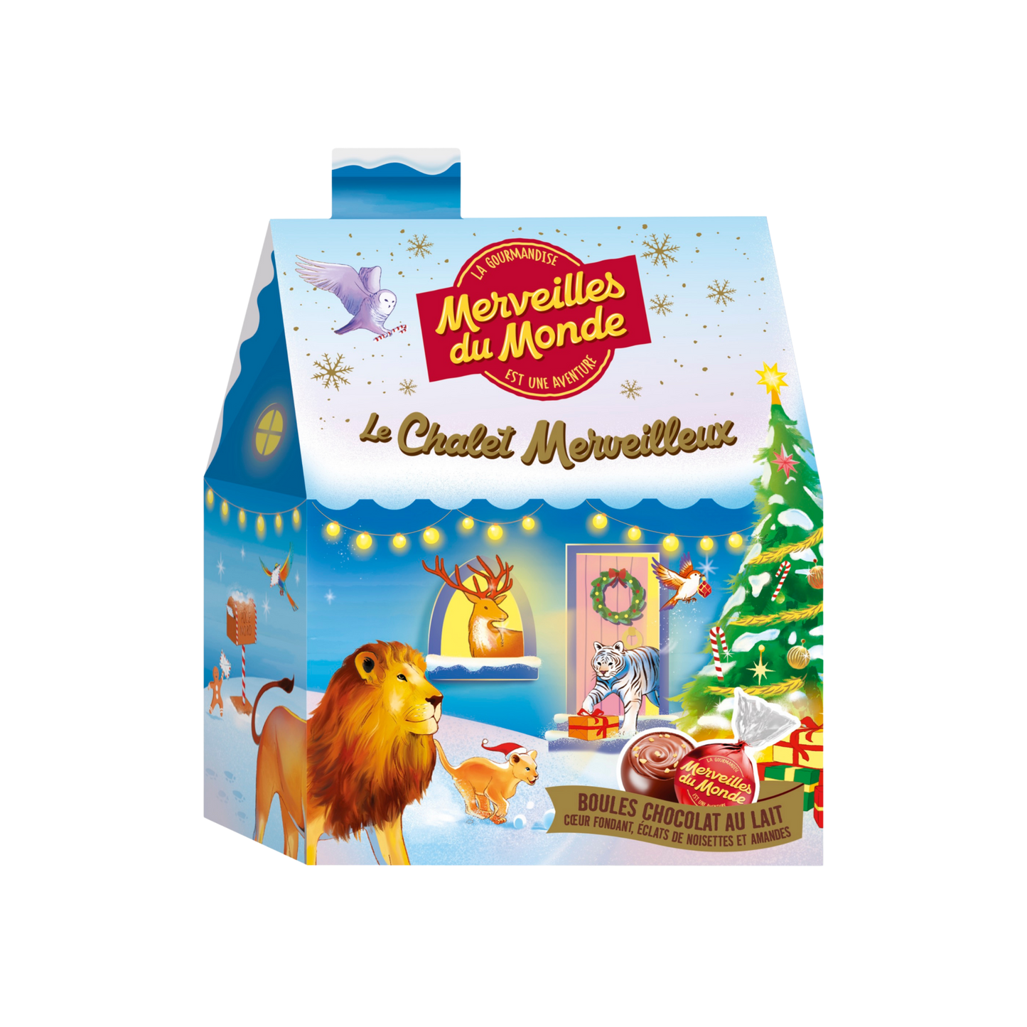 Entrez dans la magie des fêtes avec notre Chalet Merveilleux ! Sous son toit se cachent de délicieuses boules de chocolat au lait au cœur fondant, parsemé d’éclats croquants de noisettes et d’amandes. 