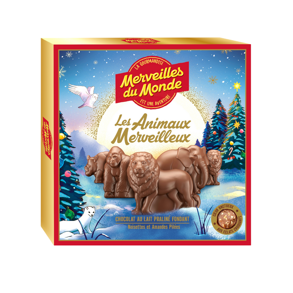 Dans ce coffret retrouvez 12 délicieuses bouchées animaux au chocolat au lait et au coeur praliné fondant. 