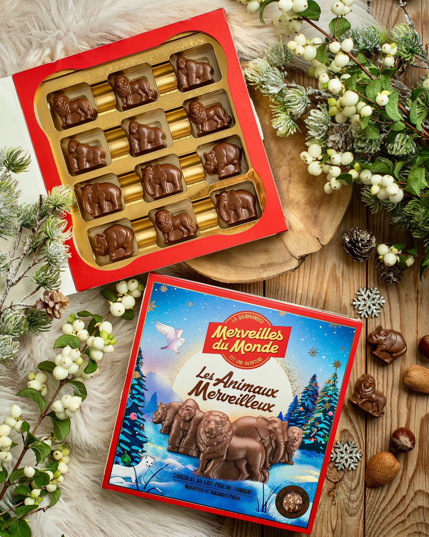 12 délicieuses bouchées au chocolat au lait fourrées d'un praliné fondant à découvrir dans notre coffret les animaux Merveilleux
