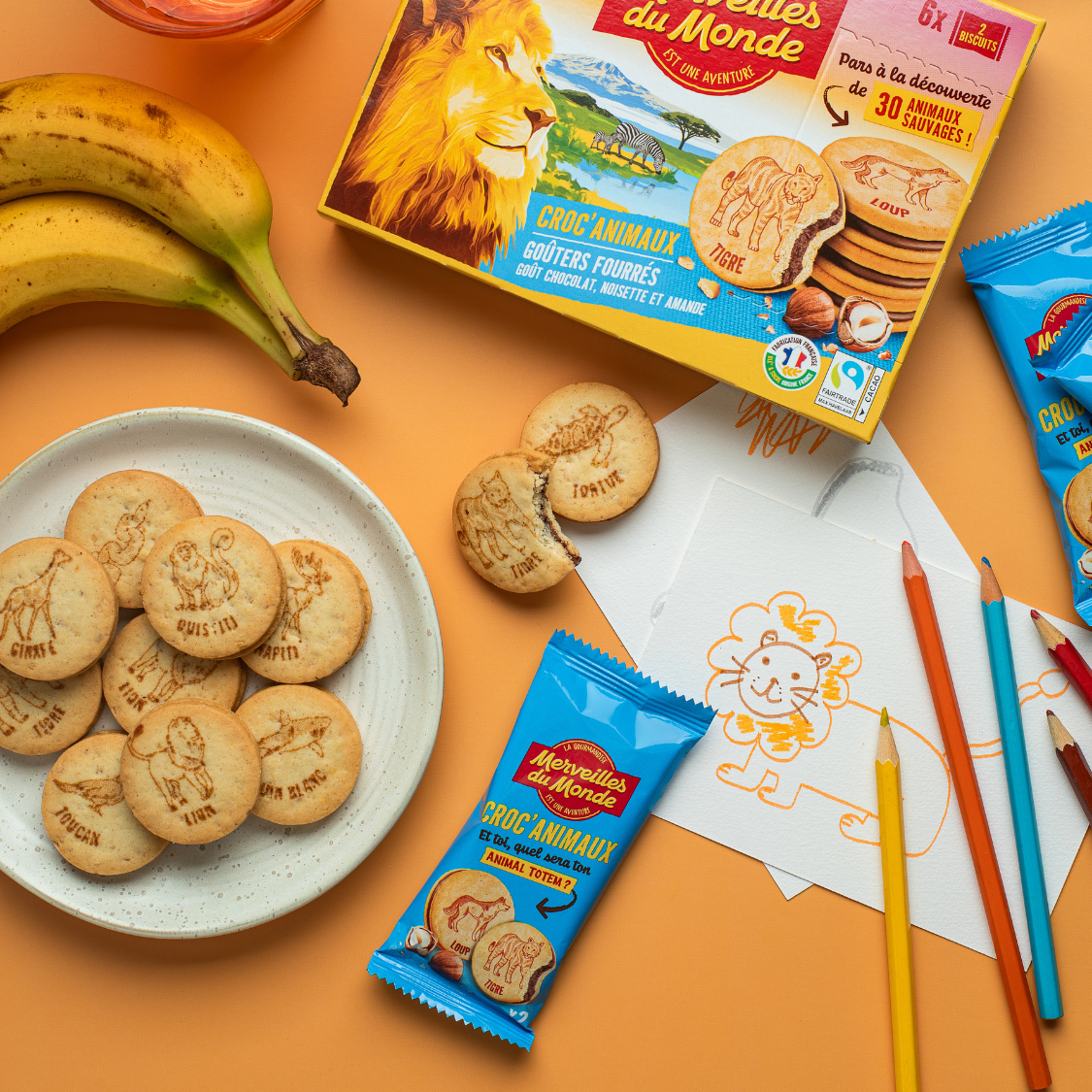 Une pause gourmande et ludique avec les biscuits fourrés Croc’Animaux, accompagnés de leur boîte illustrée et d’une activité dessin autour des animaux.