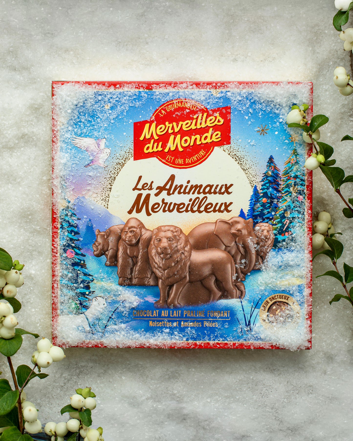 
                  
                    Un coffret de 12 bouchées au chocolat au lait u coeur praliné fondant en forme d'animaux sauvages
                  
                