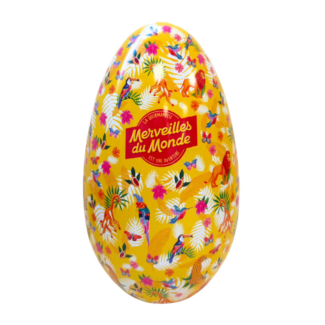 Maxi Oeuf métallique Jaune Merveilles du Monde qui renferme 150g de délicieux minis oeufs au chocolat au lait. 