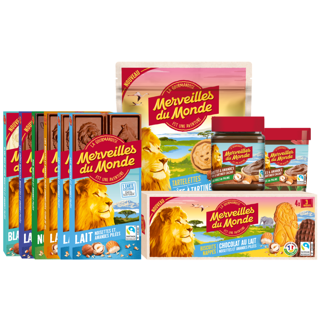 
                  
                    Un assortiment de tablettes, biscuits et pâtes à tartiner Merveilles du monde.
                  
                