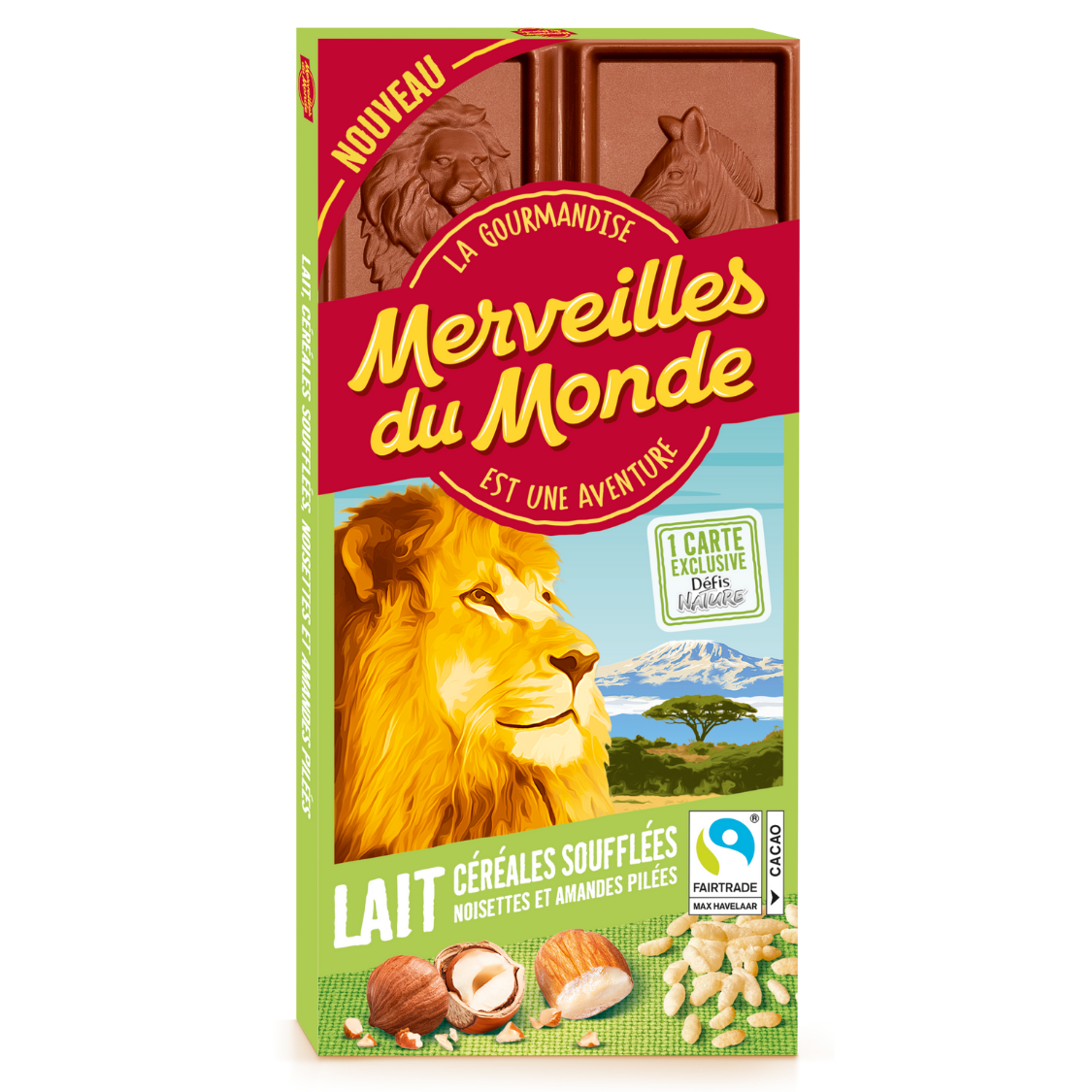 Tablette de chocolat au lait Merveilles du Monde, aux éclats de céréales soufflées noisettes et amandes pilées.