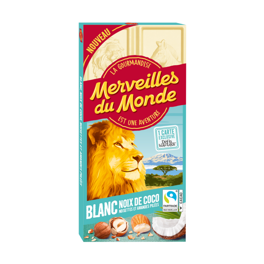 Tablette Chocolat Blanc, Noix de Coco, noisettes et amandes pillés Merveilles du Monde