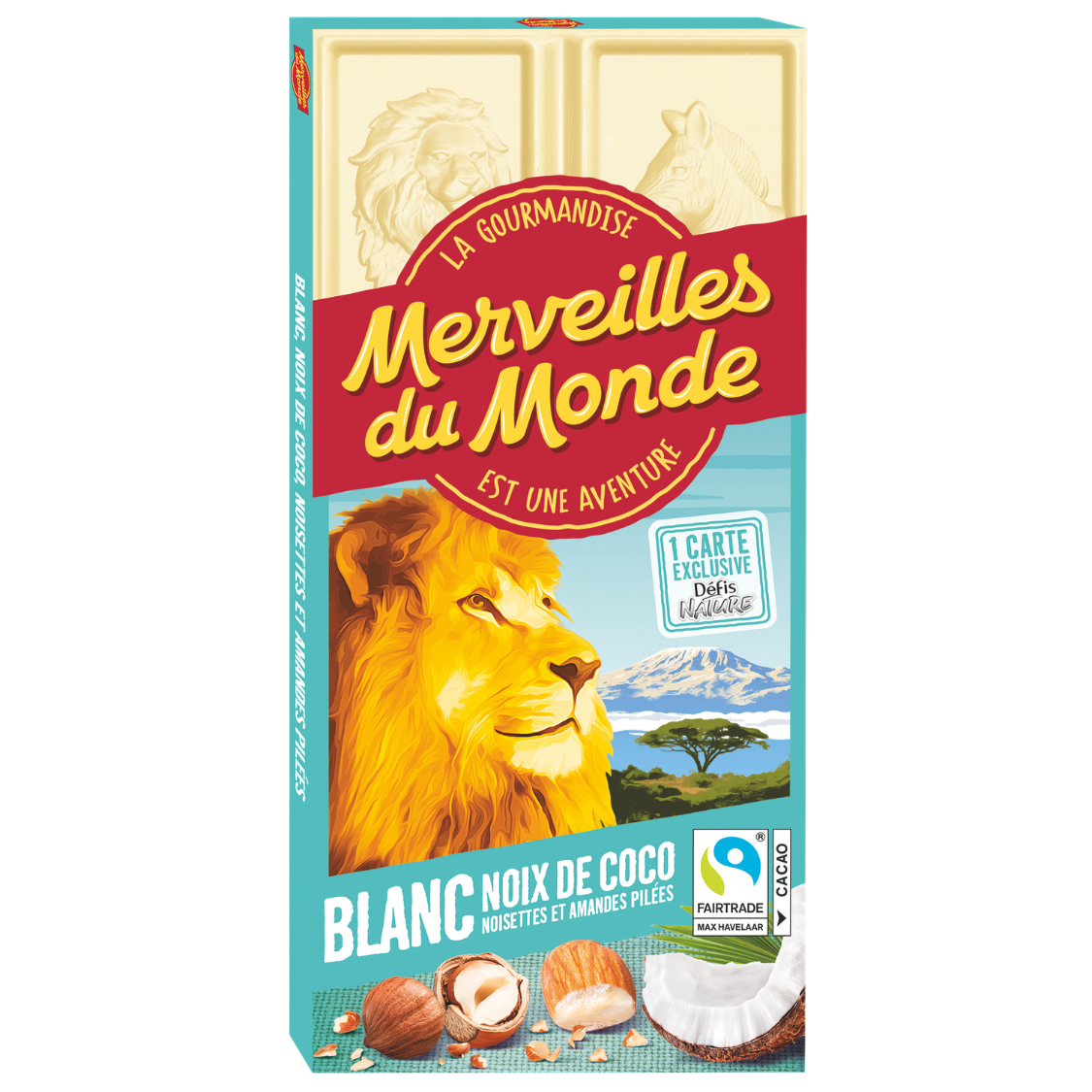 Tablette Chocolat Blanc, Noix de Coco, noisettes et amandes pillés Merveilles du Monde