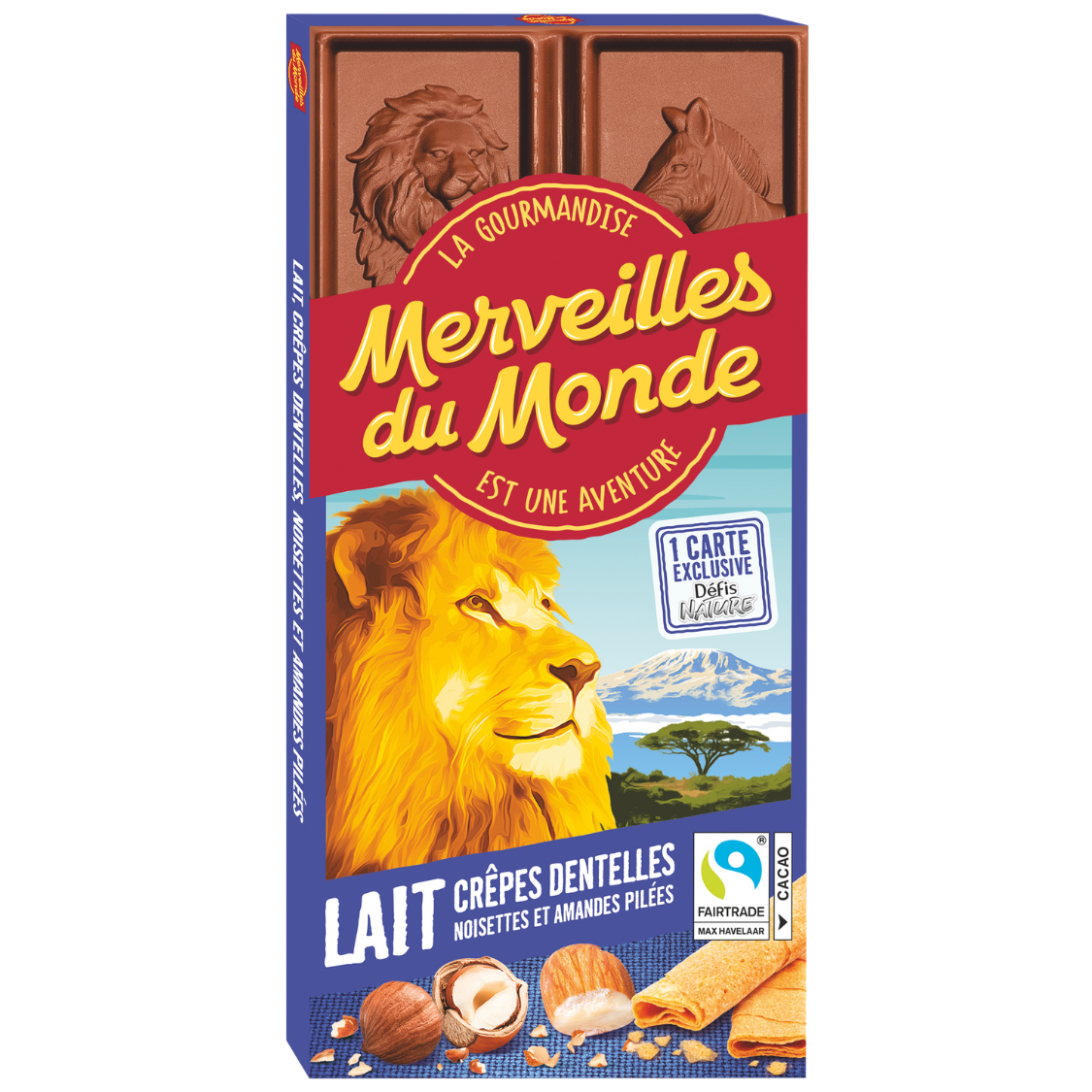 
                  
                    Une délicieuse tablette de chocolat au lait noisettes et amandes pilées sublimée par des éclats de crêpes dentelles
                  
                