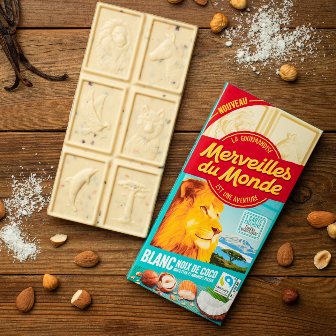 Tablette de chocolat blanc, noix de coco, noisettes et amandes pillés Merveilles du Monde