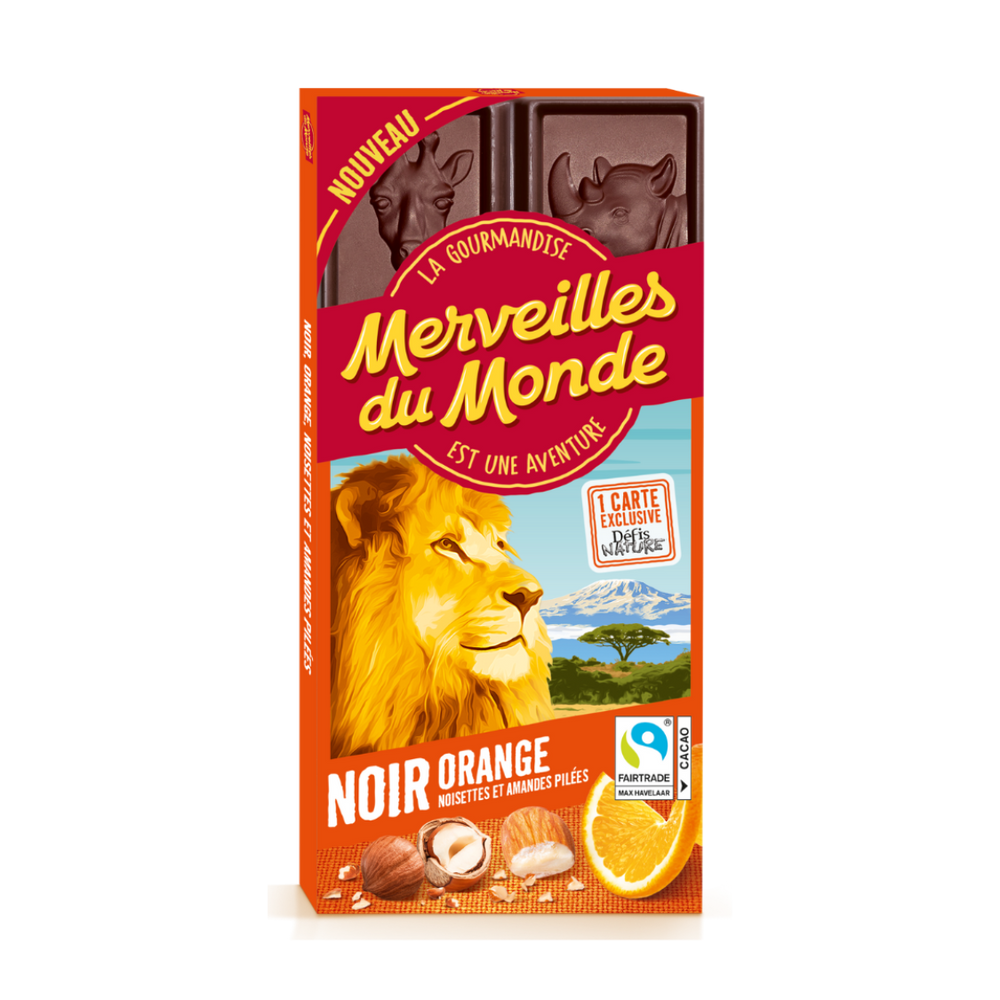 Tablette de chocolat Noir, Orange, noisettes et amandes pillés Merveilles du Monde
