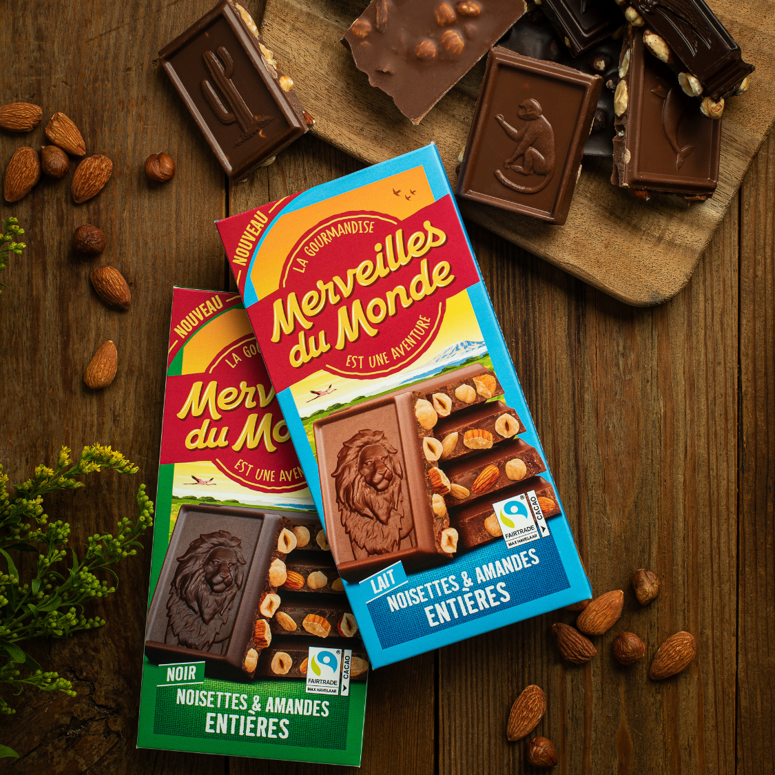 
                  
                    Deux nouvelles recettes gourmandes et généreuses de chocolat noir  et au lait aux noisettes et amandes entières. 
                  
                