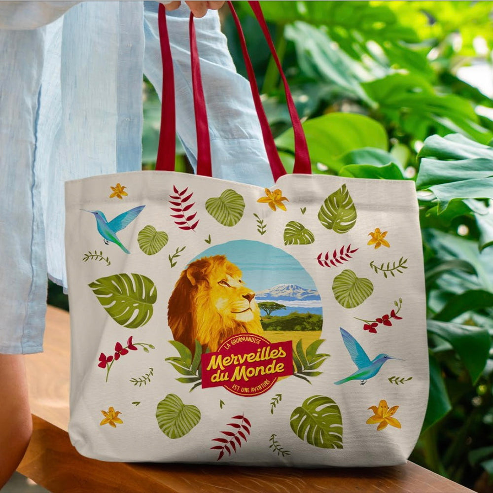 sac en tissu fourre-tout écru personnalisé aux couleurs de Merveilles du Monde la marque de chocolat associée aux animaux sauvages