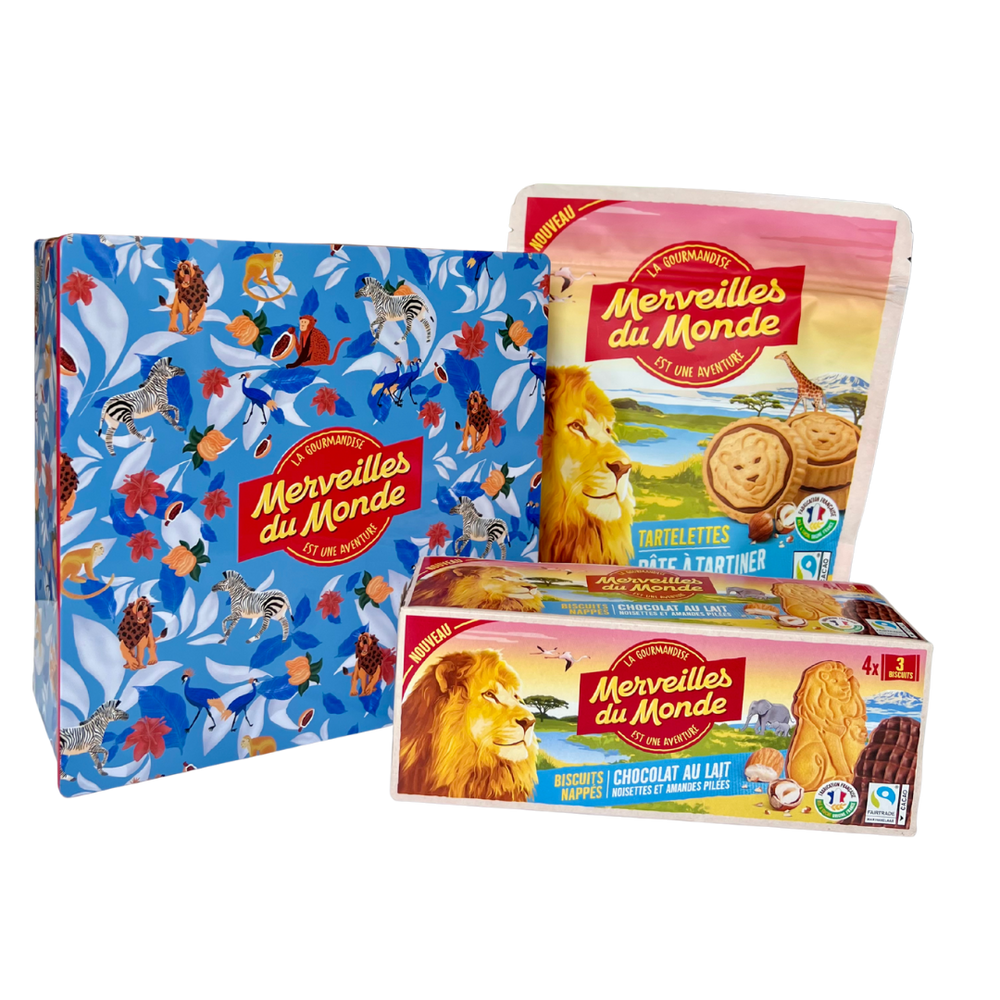 Boîte collector et biscuits nappés et tartelettes à la pâte à tartiner Merveilles du monde.