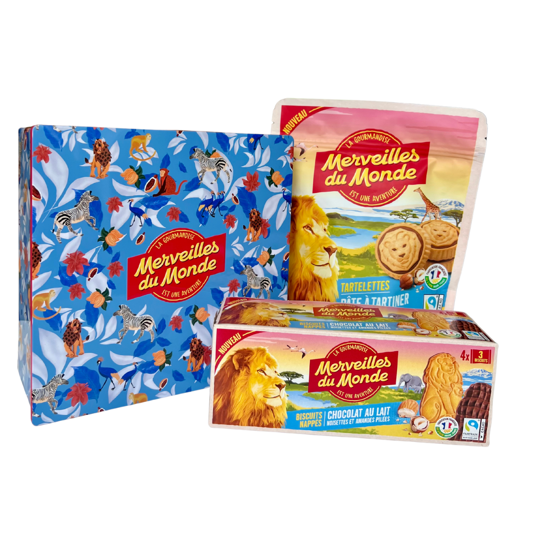 Boîte collector et biscuits nappés et tartelettes à la pâte à tartiner Merveilles du monde.