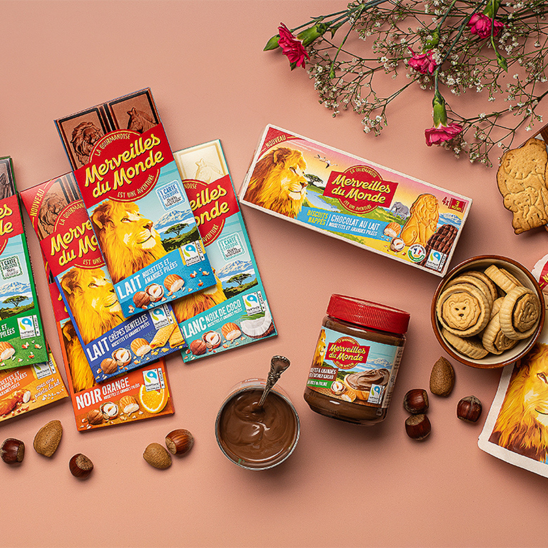 Notre gamme de tablettes de chocolat, biscuits et pâtes à tartiner Merveilles du monde.