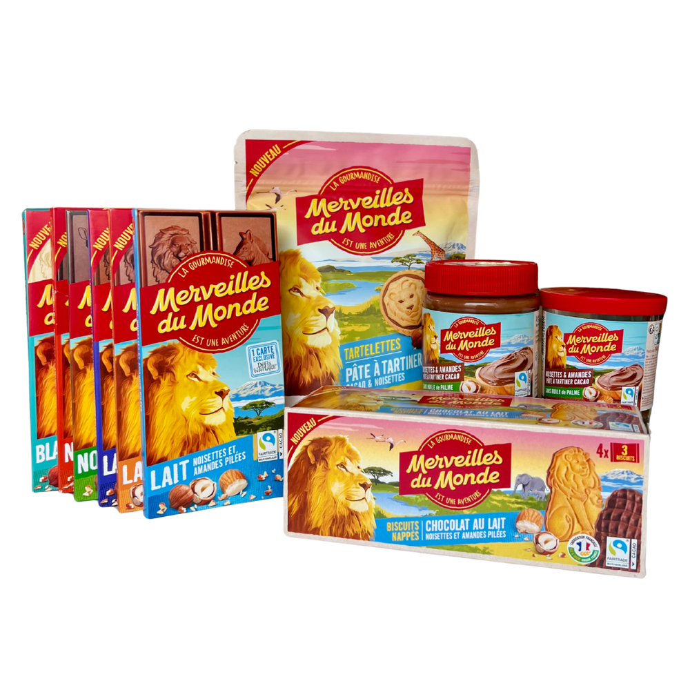 Un assortiment de tablettes, biscuits et pâtes à tartiner Merveilles du monde.