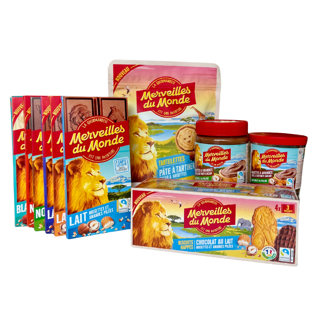 Un assortiment de tablettes, biscuits et pâtes à tartiner Merveilles du monde.