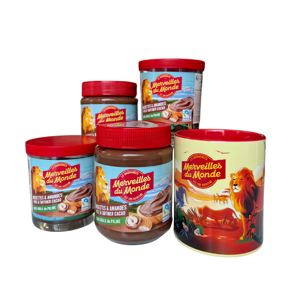 Assortiment des 2 formats de pâtes à tartiner et notre tasse Merveilles du monde.