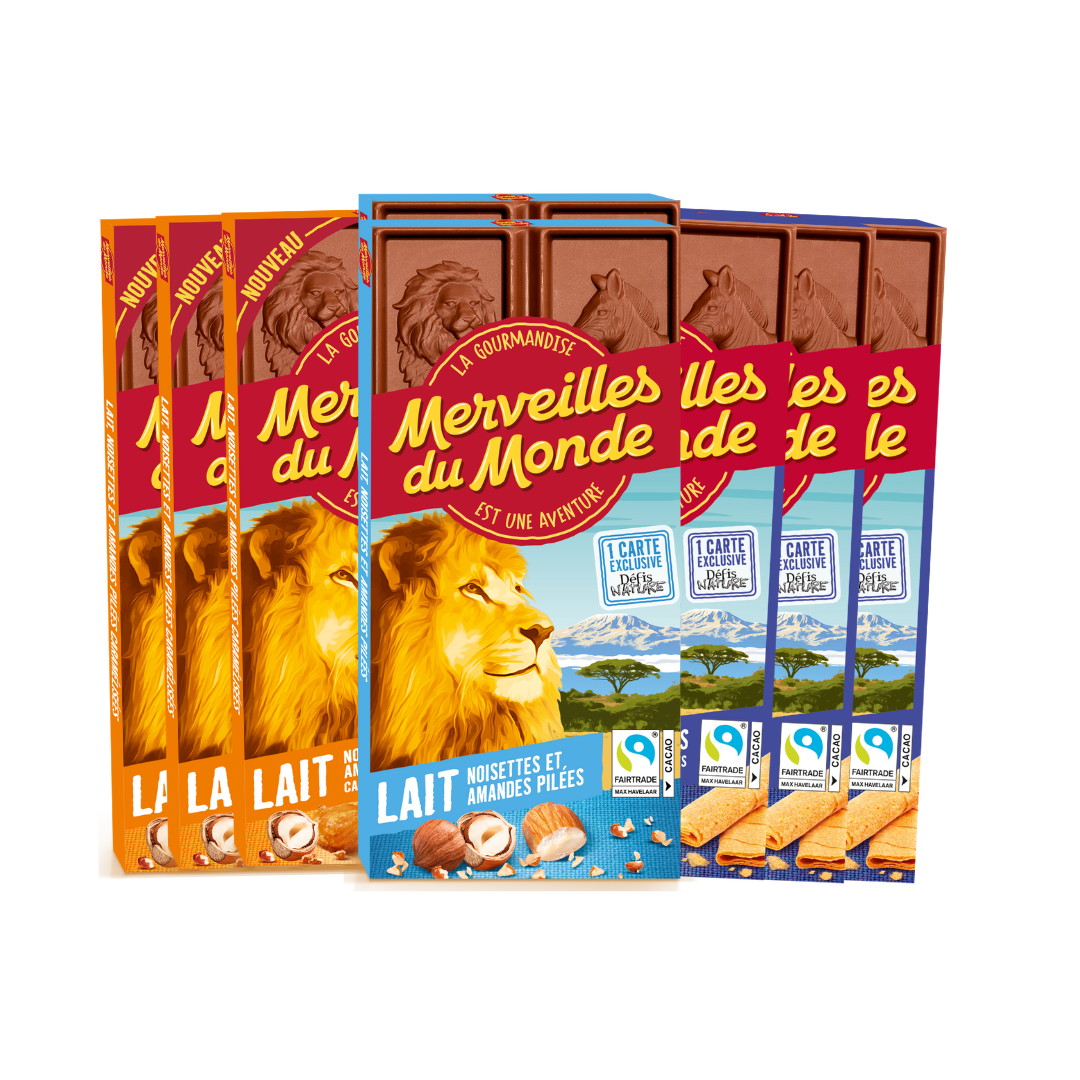 La gamme de tablettes de chocolat au lait Merveilles du monde.