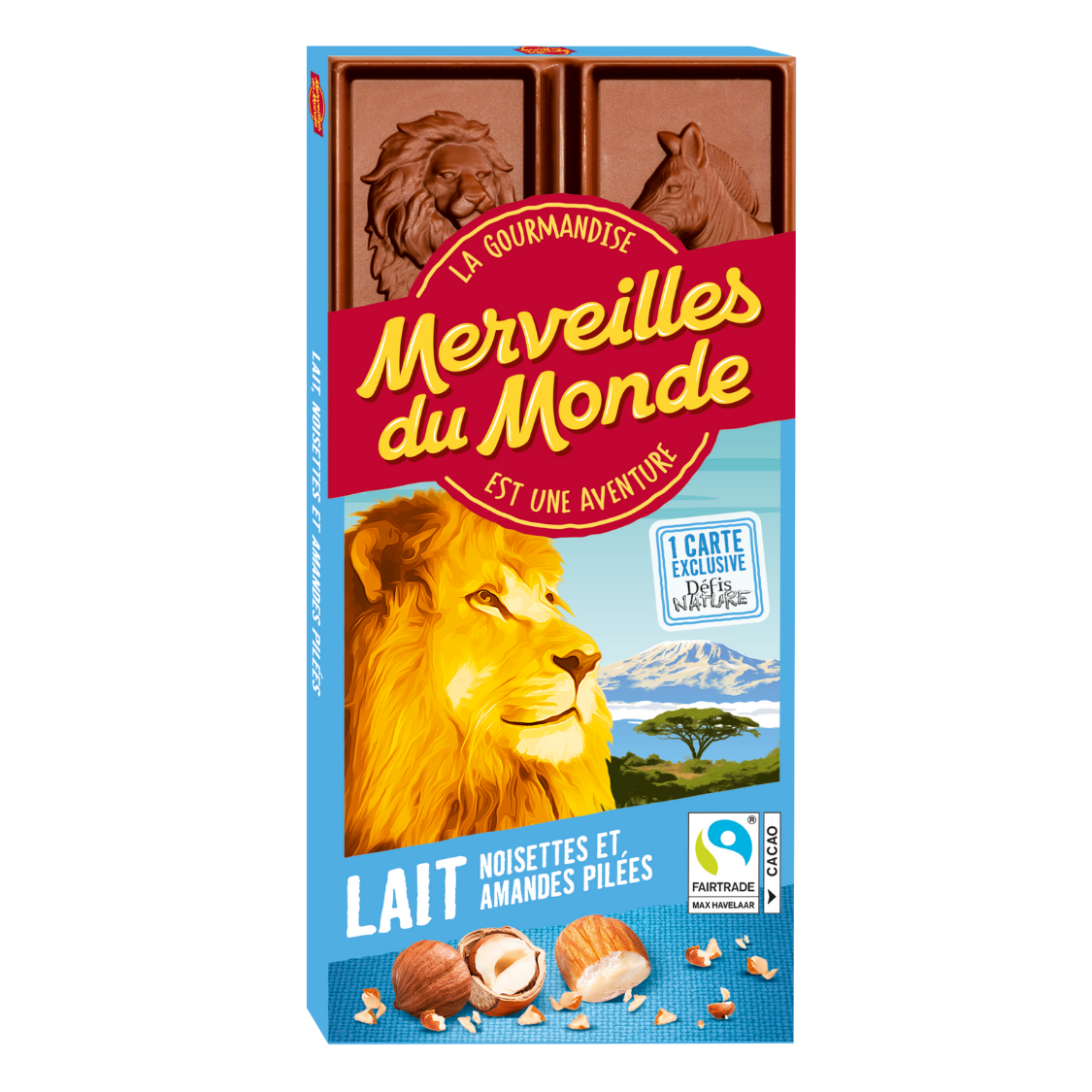 Tablette de chocolat au lait Merveilles du Monde, noisettes et amandes pilées.