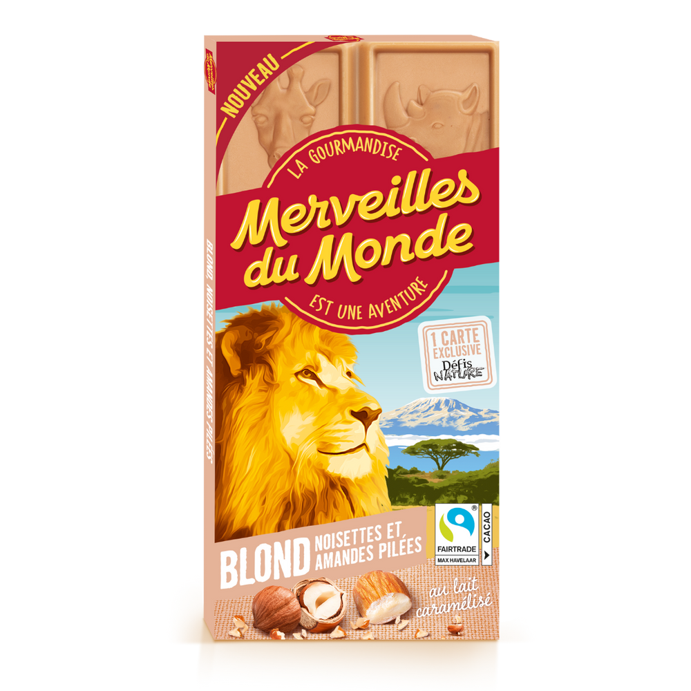 Tablette de chocolat blond Merveilles du Monde aux noisettes et amandes pilées.