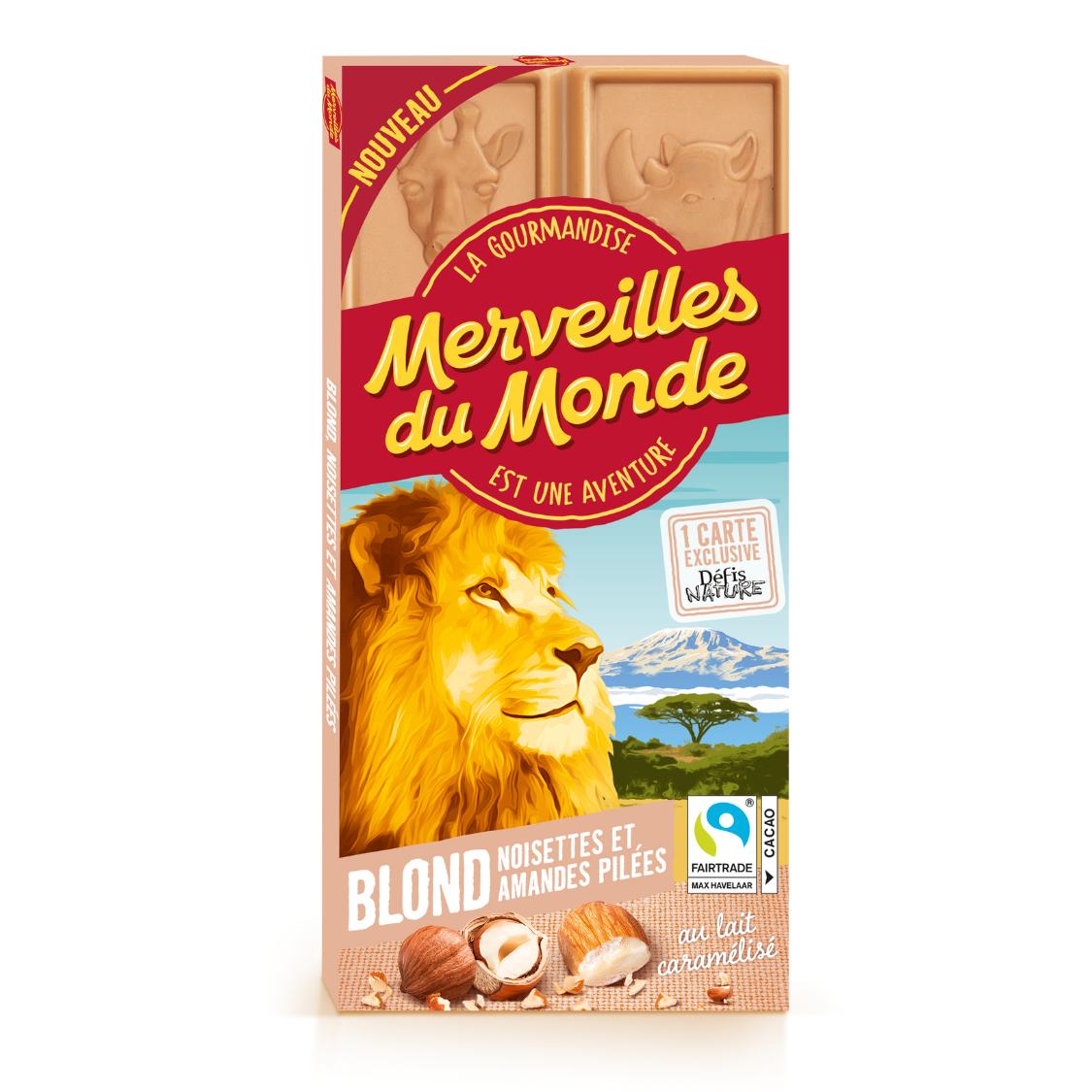 Tablette de chocolat blond Merveilles du Monde aux noisettes et amandes pilées.