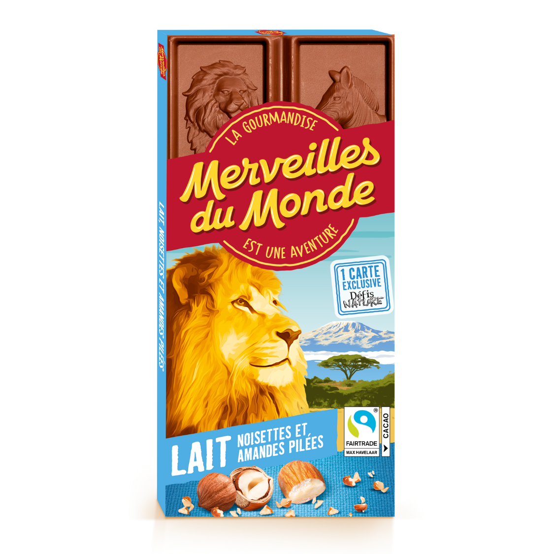 Tablette de chocolat au lait Merveilles du Monde, noisettes et amandes pilées.