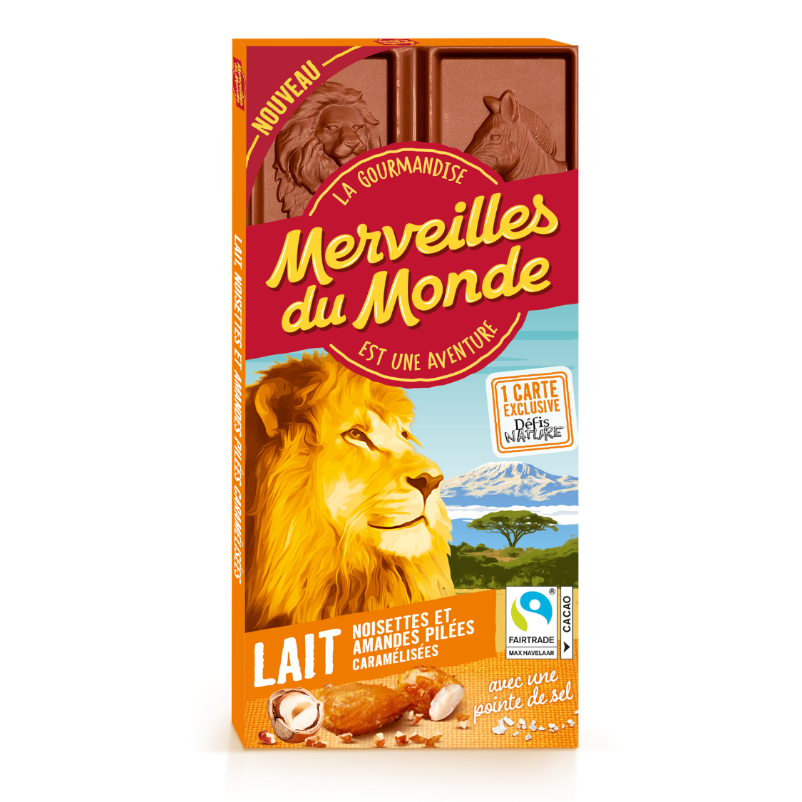 Tablette Merveilles du Monde chocolat au lait, noisettes et amandes caramélisées, pointe de sel