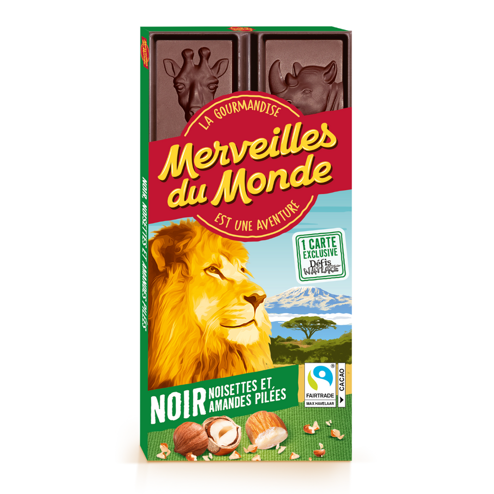 Tablette Merveilles du Monde, de chocolat, amandes et noisettes pilées.